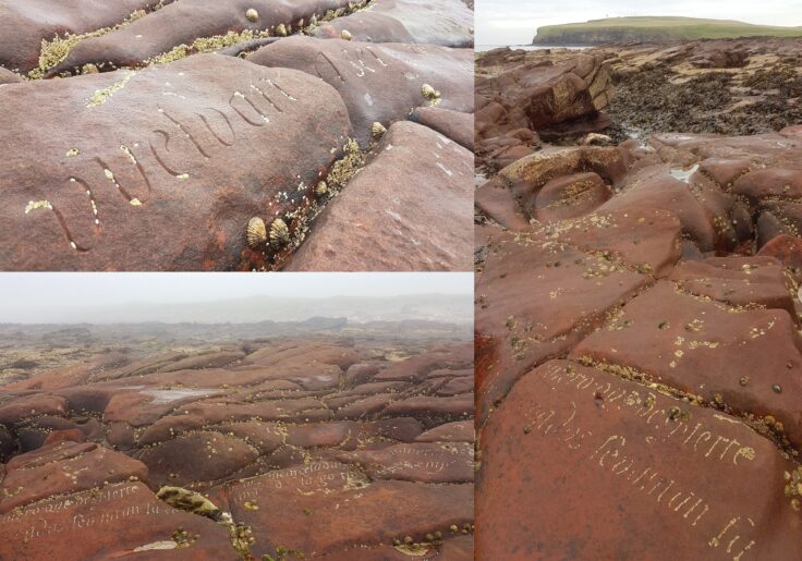 Words from poems written by Chilean poet Pablo Neruda carved into rocks at Ness of Duncansby in Caithness