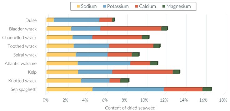 Chart showing levels of sodium, magnesium, potassium, calcium in varieties of seaweed supplied by Horizon Seaweed